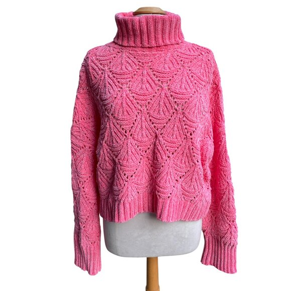 POL Chunky Knit Crochet Oversized Sweater Wm Sz M Pink Chenille Crop Barbiecore - Picture 1 of 12